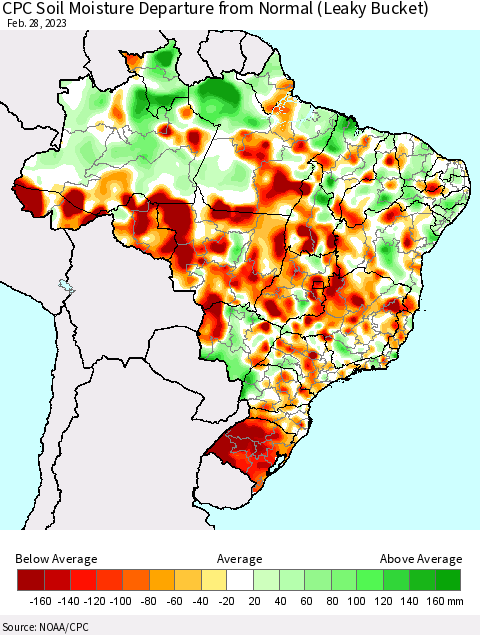 Brazil CPC Soil Moisture Departure from Normal (Leaky Bucket) Thematic Map For 2/26/2023 - 2/28/2023