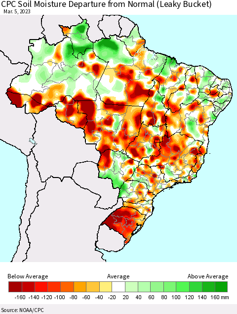 Brazil CPC Soil Moisture Departure from Normal (Leaky Bucket) Thematic Map For 3/1/2023 - 3/5/2023