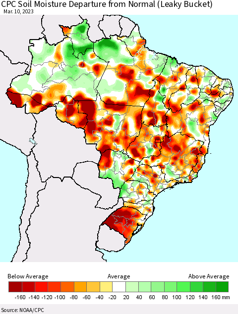 Brazil CPC Soil Moisture Departure from Normal (Leaky Bucket) Thematic Map For 3/6/2023 - 3/10/2023