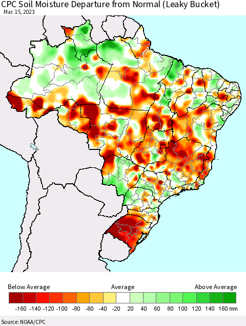 Brazil CPC Soil Moisture Departure from Normal (Leaky Bucket) Thematic Map For 3/11/2023 - 3/15/2023