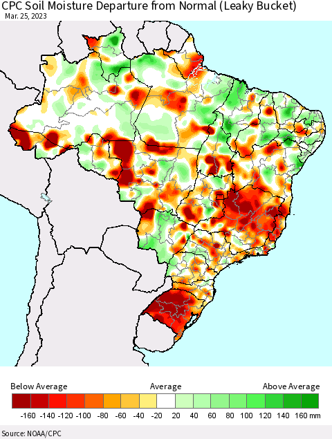 Brazil CPC Soil Moisture Departure from Normal (Leaky Bucket) Thematic Map For 3/21/2023 - 3/25/2023