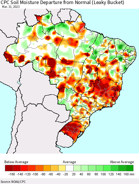 Brazil CPC Soil Moisture Departure from Normal (Leaky Bucket) Thematic Map For 3/26/2023 - 3/31/2023