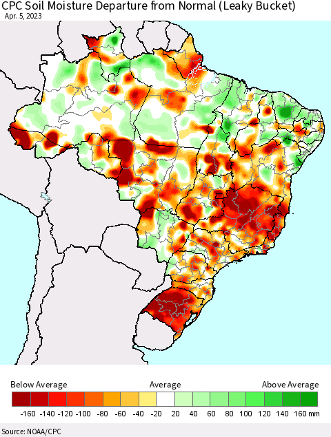 Brazil CPC Soil Moisture Departure from Normal (Leaky Bucket) Thematic Map For 4/1/2023 - 4/5/2023