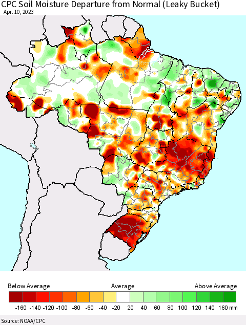 Brazil CPC Soil Moisture Departure from Normal (Leaky Bucket) Thematic Map For 4/6/2023 - 4/10/2023