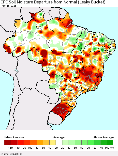 Brazil CPC Soil Moisture Departure from Normal (Leaky Bucket) Thematic Map For 4/11/2023 - 4/15/2023