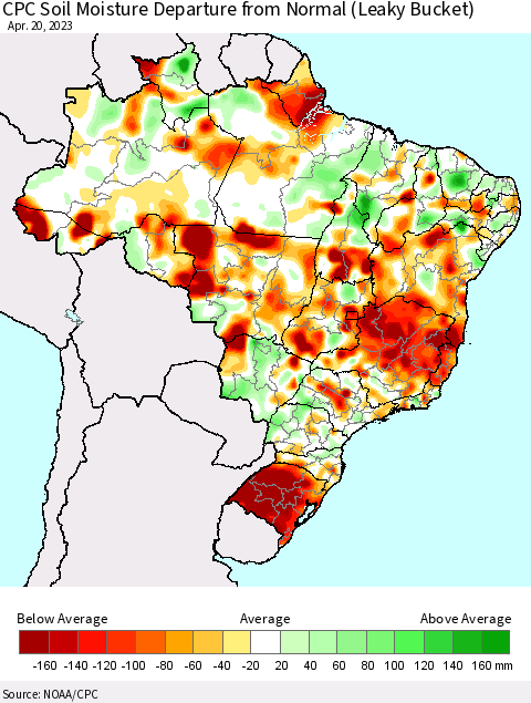 Brazil CPC Soil Moisture Departure from Normal (Leaky Bucket) Thematic Map For 4/16/2023 - 4/20/2023