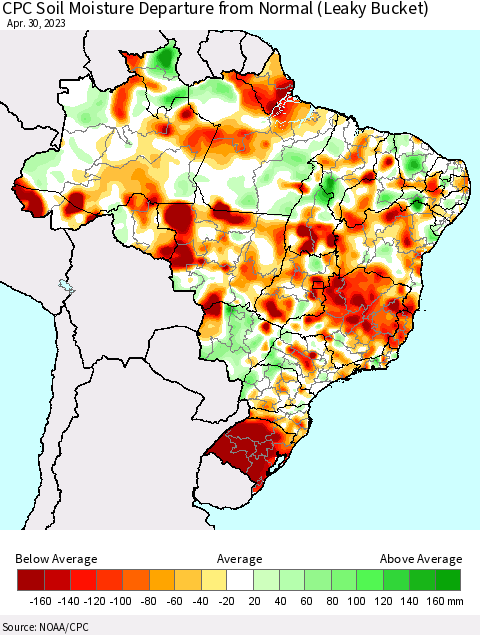 Brazil CPC Soil Moisture Departure from Normal (Leaky Bucket) Thematic Map For 4/26/2023 - 4/30/2023