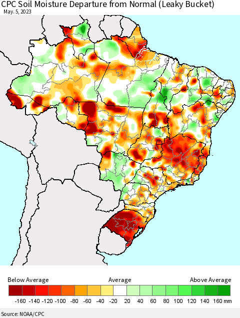 Brazil CPC Soil Moisture Departure from Normal (Leaky Bucket) Thematic Map For 5/1/2023 - 5/5/2023