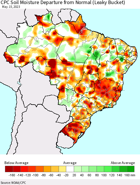 Brazil CPC Soil Moisture Departure from Normal (Leaky Bucket) Thematic Map For 5/11/2023 - 5/15/2023