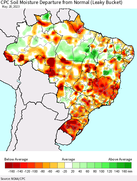 Brazil CPC Soil Moisture Departure from Normal (Leaky Bucket) Thematic Map For 5/16/2023 - 5/20/2023