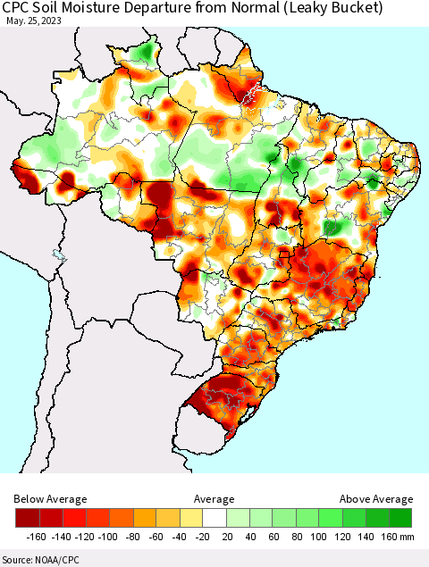 Brazil CPC Soil Moisture Departure from Normal (Leaky Bucket) Thematic Map For 5/21/2023 - 5/25/2023