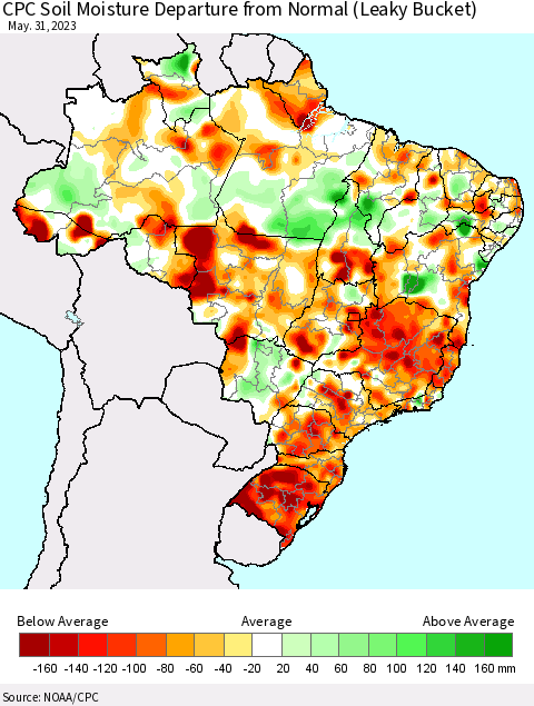 Brazil CPC Soil Moisture Departure from Normal (Leaky Bucket) Thematic Map For 5/26/2023 - 5/31/2023