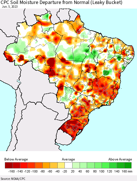 Brazil CPC Soil Moisture Departure from Normal (Leaky Bucket) Thematic Map For 6/1/2023 - 6/5/2023