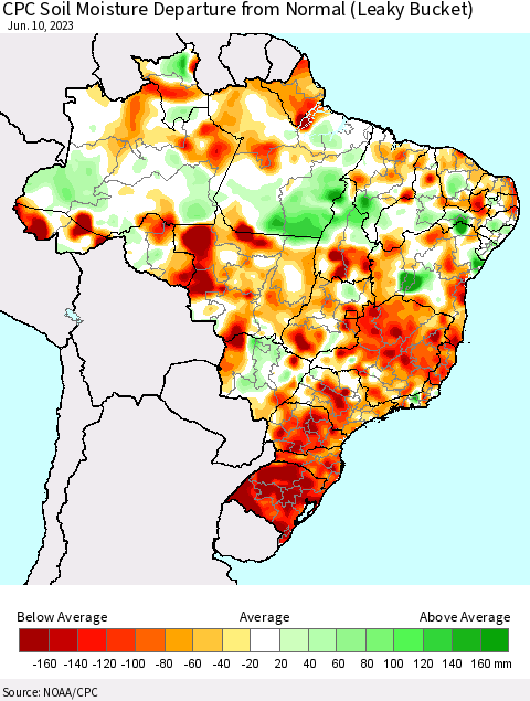 Brazil CPC Soil Moisture Departure from Normal (Leaky Bucket) Thematic Map For 6/6/2023 - 6/10/2023