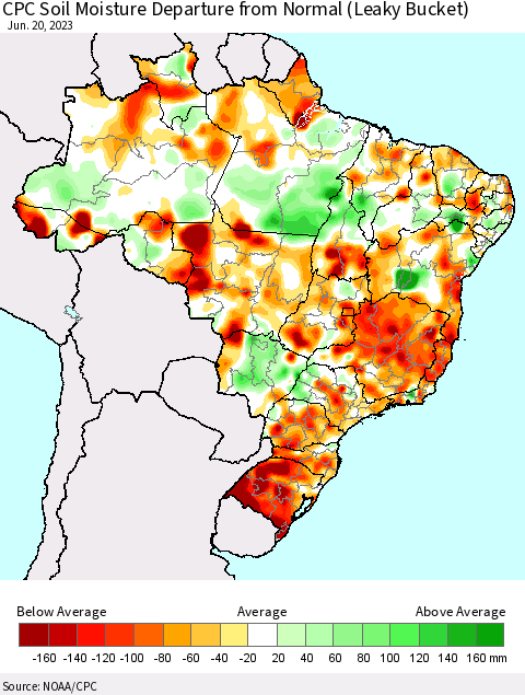 Brazil CPC Soil Moisture Departure from Normal (Leaky Bucket) Thematic Map For 6/16/2023 - 6/20/2023