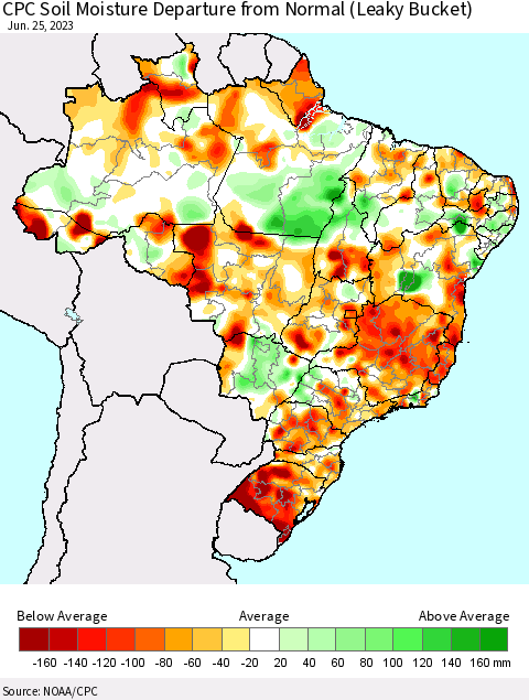 Brazil CPC Soil Moisture Departure from Normal (Leaky Bucket) Thematic Map For 6/21/2023 - 6/25/2023