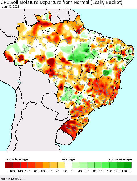 Brazil CPC Soil Moisture Departure from Normal (Leaky Bucket) Thematic Map For 6/26/2023 - 6/30/2023