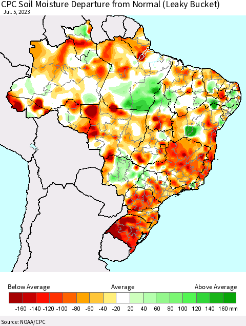 Brazil CPC Soil Moisture Departure from Normal (Leaky Bucket) Thematic Map For 7/1/2023 - 7/5/2023