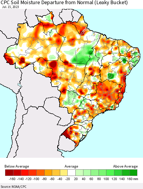 Brazil CPC Soil Moisture Departure from Normal (Leaky Bucket) Thematic Map For 7/11/2023 - 7/15/2023