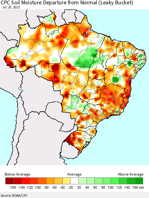Brazil CPC Soil Moisture Departure from Normal (Leaky Bucket) Thematic Map For 7/16/2023 - 7/20/2023