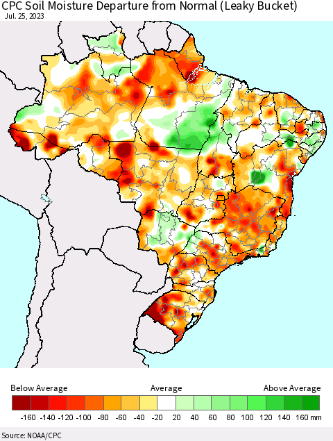Brazil CPC Soil Moisture Departure from Normal (Leaky Bucket) Thematic Map For 7/21/2023 - 7/25/2023