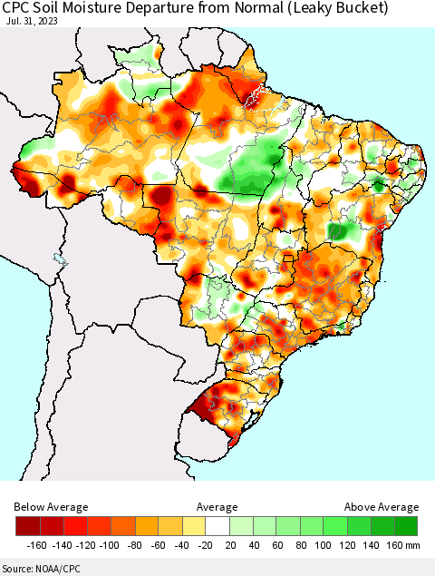 Brazil CPC Soil Moisture Departure from Normal (Leaky Bucket) Thematic Map For 7/26/2023 - 7/31/2023