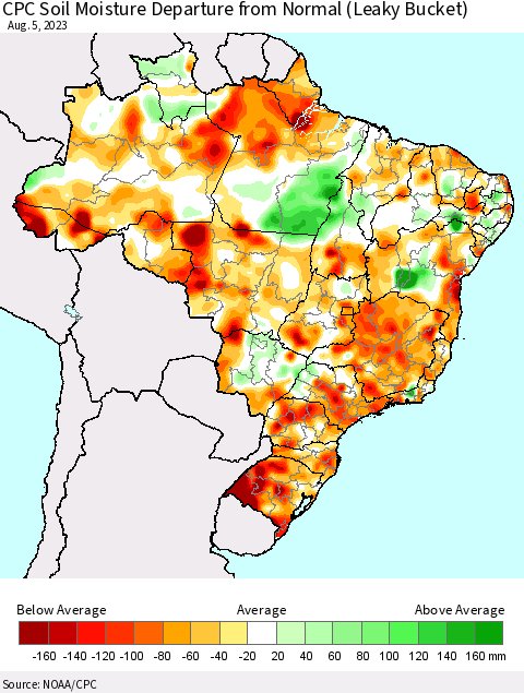 Brazil CPC Soil Moisture Departure from Normal (Leaky Bucket) Thematic Map For 8/1/2023 - 8/5/2023