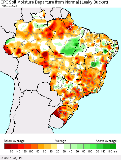 Brazil CPC Soil Moisture Departure from Normal (Leaky Bucket) Thematic Map For 8/6/2023 - 8/10/2023