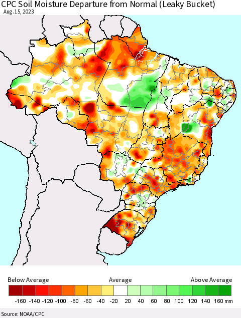 Brazil CPC Soil Moisture Departure from Normal (Leaky Bucket) Thematic Map For 8/11/2023 - 8/15/2023