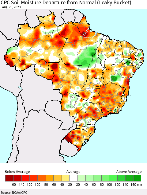 Brazil CPC Soil Moisture Departure from Normal (Leaky Bucket) Thematic Map For 8/16/2023 - 8/20/2023