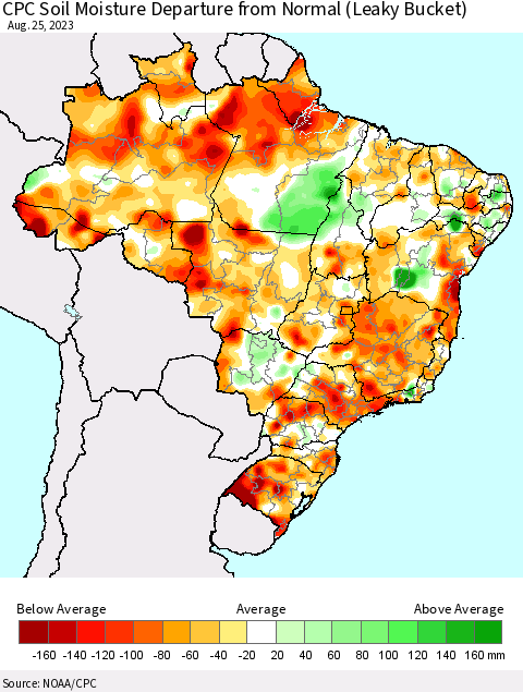 Brazil CPC Soil Moisture Departure from Normal (Leaky Bucket) Thematic Map For 8/21/2023 - 8/25/2023