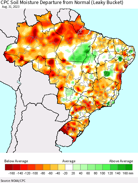 Brazil CPC Soil Moisture Departure from Normal (Leaky Bucket) Thematic Map For 8/26/2023 - 8/31/2023