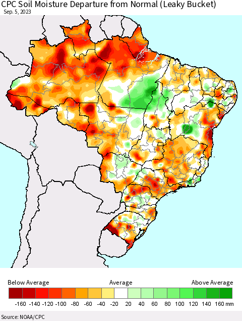 Brazil CPC Soil Moisture Departure from Normal (Leaky Bucket) Thematic Map For 9/1/2023 - 9/5/2023