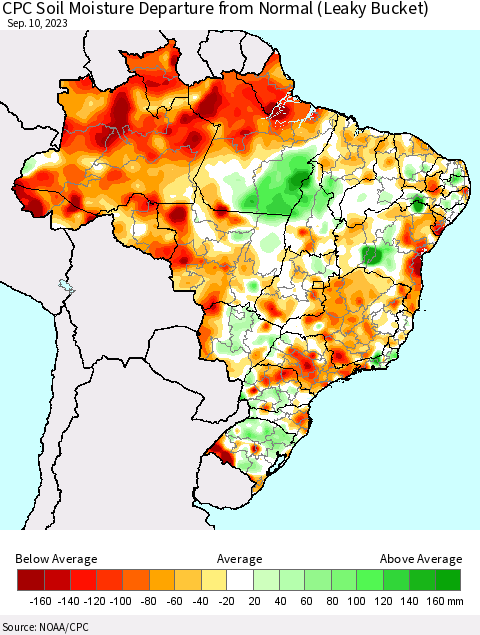 Brazil CPC Soil Moisture Departure from Normal (Leaky Bucket) Thematic Map For 9/6/2023 - 9/10/2023