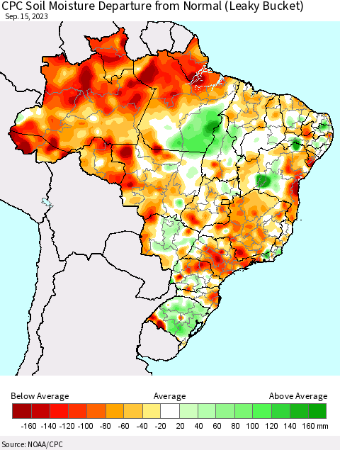 Brazil CPC Soil Moisture Departure from Normal (Leaky Bucket) Thematic Map For 9/11/2023 - 9/15/2023