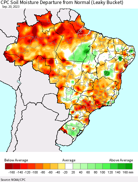 Brazil CPC Soil Moisture Departure from Normal (Leaky Bucket) Thematic Map For 9/16/2023 - 9/20/2023