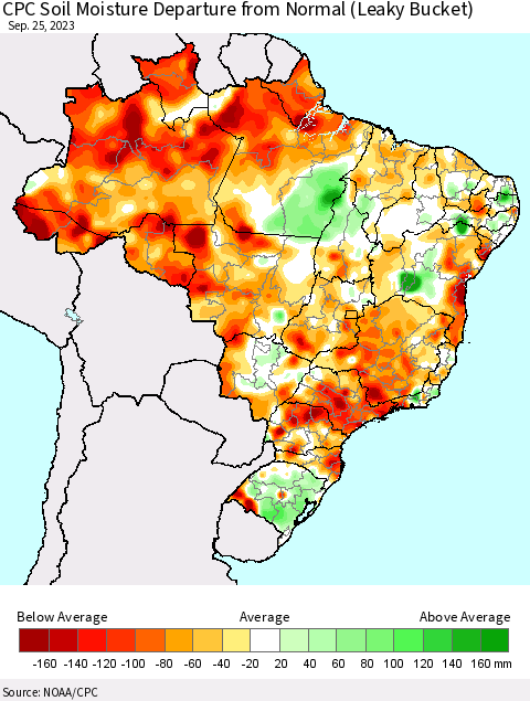 Brazil CPC Soil Moisture Departure from Normal (Leaky Bucket) Thematic Map For 9/21/2023 - 9/25/2023