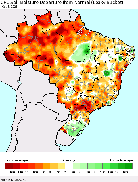 Brazil CPC Soil Moisture Departure from Normal (Leaky Bucket) Thematic Map For 10/1/2023 - 10/5/2023
