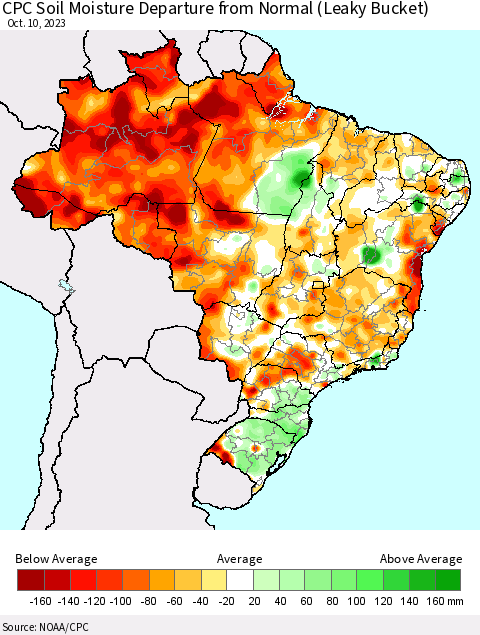 Brazil CPC Soil Moisture Departure from Normal (Leaky Bucket) Thematic Map For 10/6/2023 - 10/10/2023