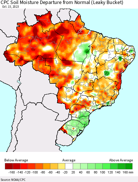 Brazil CPC Soil Moisture Departure from Normal (Leaky Bucket) Thematic Map For 10/11/2023 - 10/15/2023