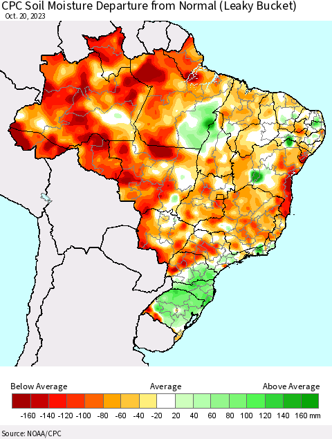 Brazil CPC Soil Moisture Departure from Normal (Leaky Bucket) Thematic Map For 10/16/2023 - 10/20/2023