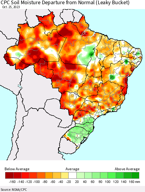 Brazil CPC Soil Moisture Departure from Normal (Leaky Bucket) Thematic Map For 10/21/2023 - 10/25/2023