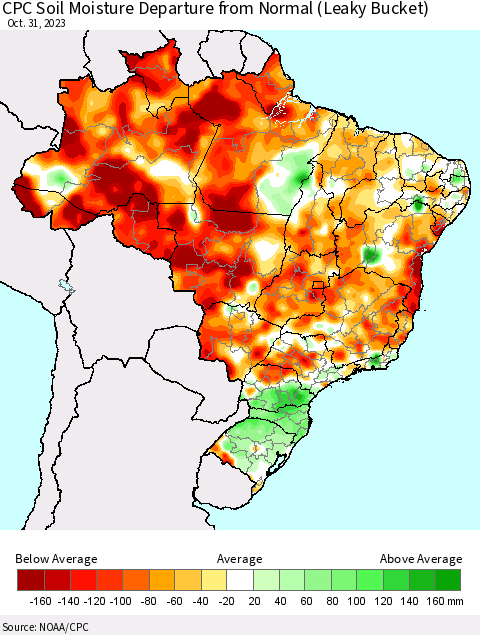 Brazil CPC Soil Moisture Departure from Normal (Leaky Bucket) Thematic Map For 10/26/2023 - 10/31/2023