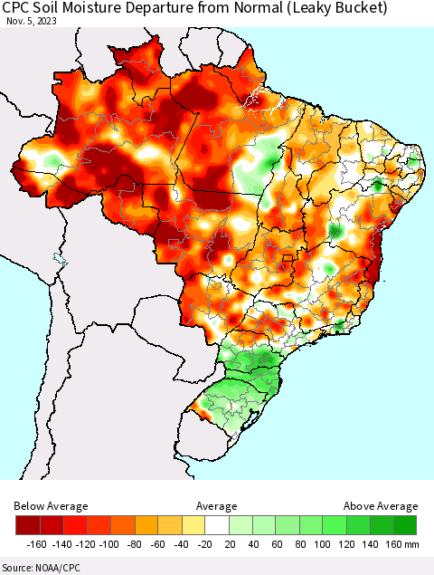 Brazil CPC Soil Moisture Departure from Normal (Leaky Bucket) Thematic Map For 11/1/2023 - 11/5/2023