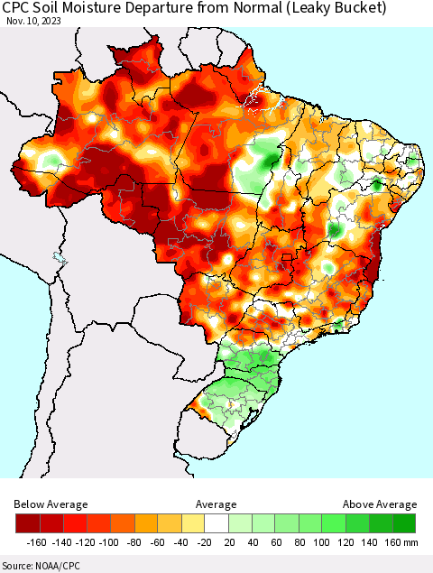Brazil CPC Soil Moisture Departure from Normal (Leaky Bucket) Thematic Map For 11/6/2023 - 11/10/2023