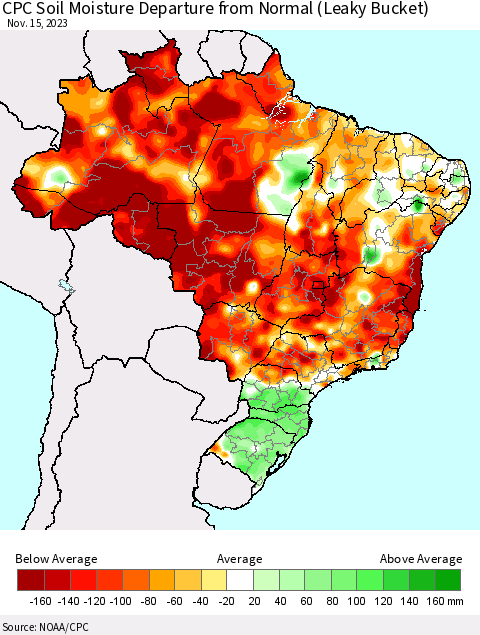 Brazil CPC Soil Moisture Departure from Normal (Leaky Bucket) Thematic Map For 11/11/2023 - 11/15/2023