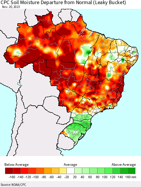 Brazil CPC Soil Moisture Departure from Normal (Leaky Bucket) Thematic Map For 11/16/2023 - 11/20/2023