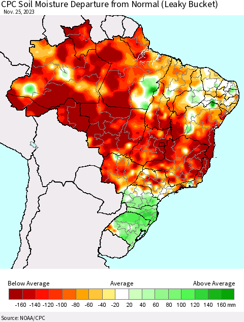 Brazil CPC Soil Moisture Departure from Normal (Leaky Bucket) Thematic Map For 11/21/2023 - 11/25/2023