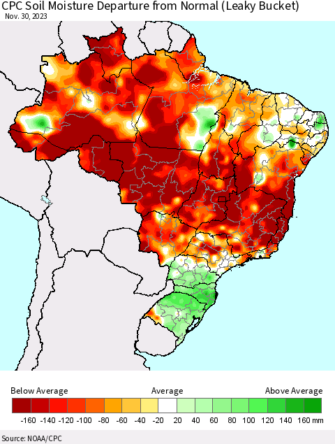 Brazil CPC Soil Moisture Departure from Normal (Leaky Bucket) Thematic Map For 11/26/2023 - 11/30/2023