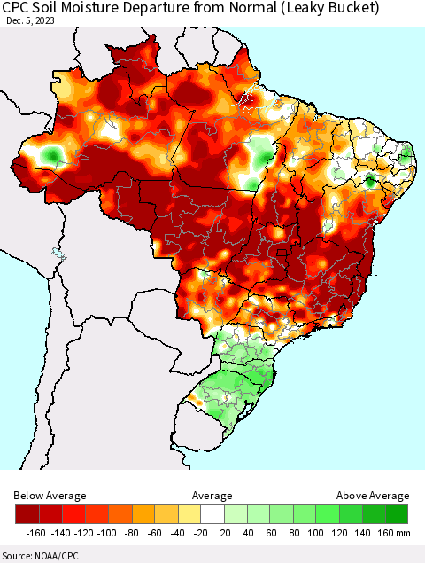Brazil CPC Soil Moisture Departure from Normal (Leaky Bucket) Thematic Map For 12/1/2023 - 12/5/2023
